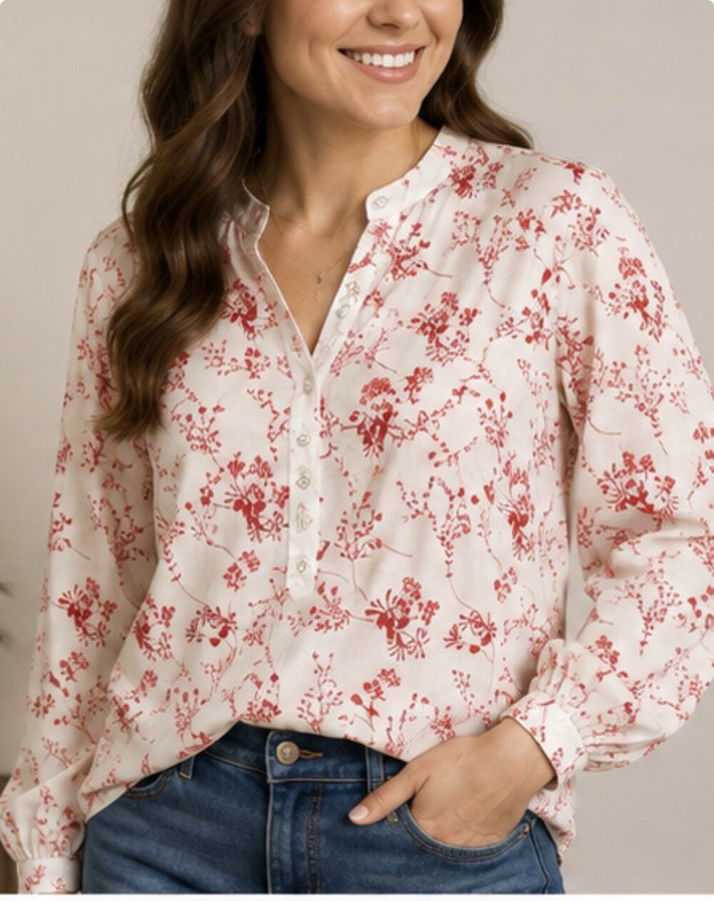 Lucky Brand Women’s M White Red Floral Long Sleeve Button Front Blouse